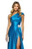 Load image into Gallery viewer, Blue A Line Satin Long Prom Dress with Slit
