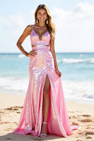 Load image into Gallery viewer, Sparkly Pink Sequin A Line Long Prom Dress with Slit