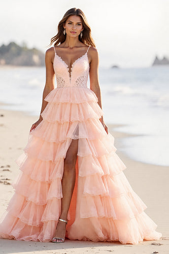 Blush Tulle A Line Long Tiered Prom Dress with Slit