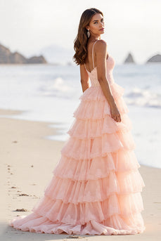 Blush Tulle A Line Long Tiered Prom Dress with Slit