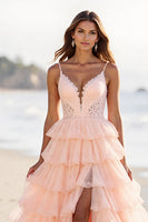 Load image into Gallery viewer, Blush Tulle A Line Long Tiered Prom Dress with Slit
