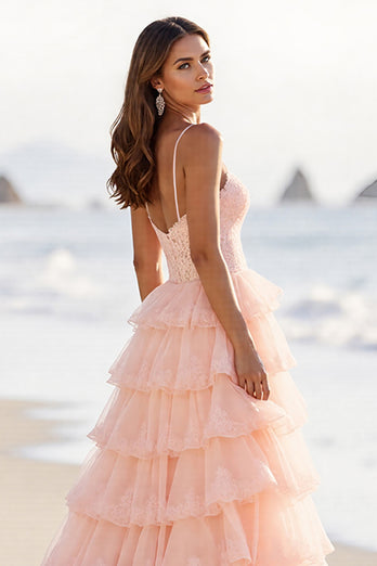 Blush Tulle A Line Long Tiered Prom Dress with Slit
