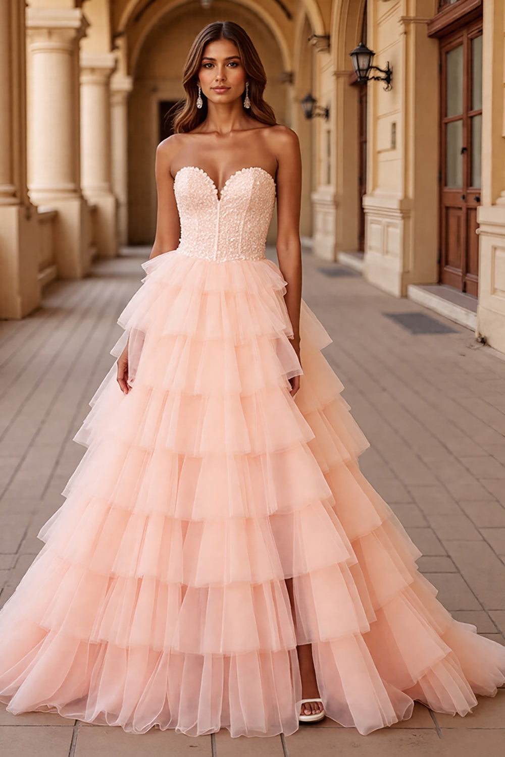 Blush Ball Gown Tulle Long Prom Dress with Ruffles