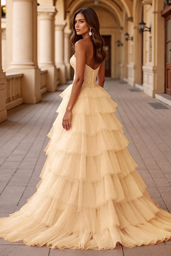 Blush Ball Gown Tulle Long Prom Dress with Ruffles