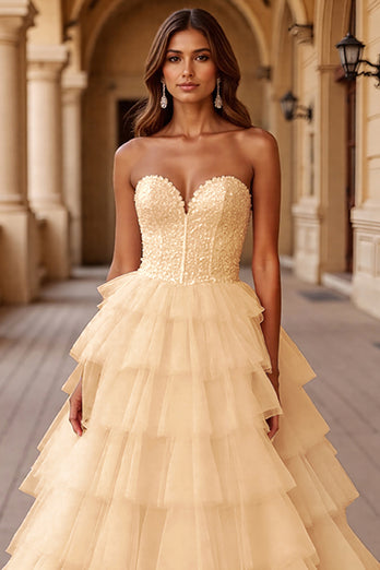 Blush Ball Gown Tulle Long Prom Dress with Ruffles