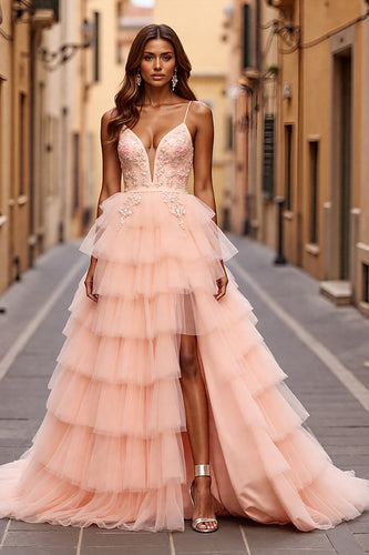 Sparkly Blush Ball Gown Tiered Long Prom Dress with Slit
