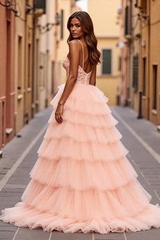 Sparkly Blush Ball Gown Tiered Long Prom Dress with Slit