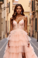 Load image into Gallery viewer, Sparkly Blush Ball Gown Tiered Long Prom Dress with Slit