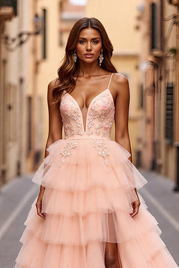 Sparkly Blush Ball Gown Tiered Long Prom Dress with Slit