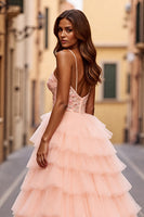 Load image into Gallery viewer, Sparkly Blush Ball Gown Tiered Long Prom Dress with Slit