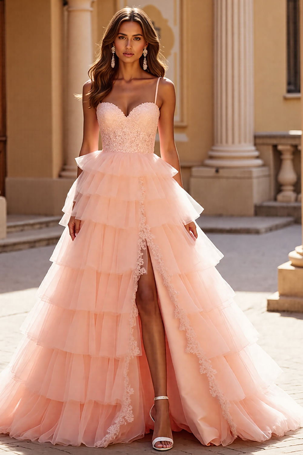 Blush A Line Tulle Tiered Long Corset Prom Dress with Appliques