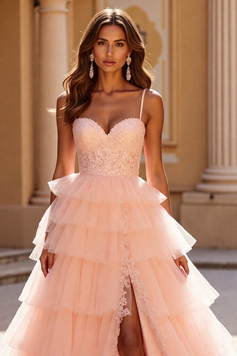 Load image into Gallery viewer, Blush A Line Tulle Tiered Long Corset Prom Dress with Appliques