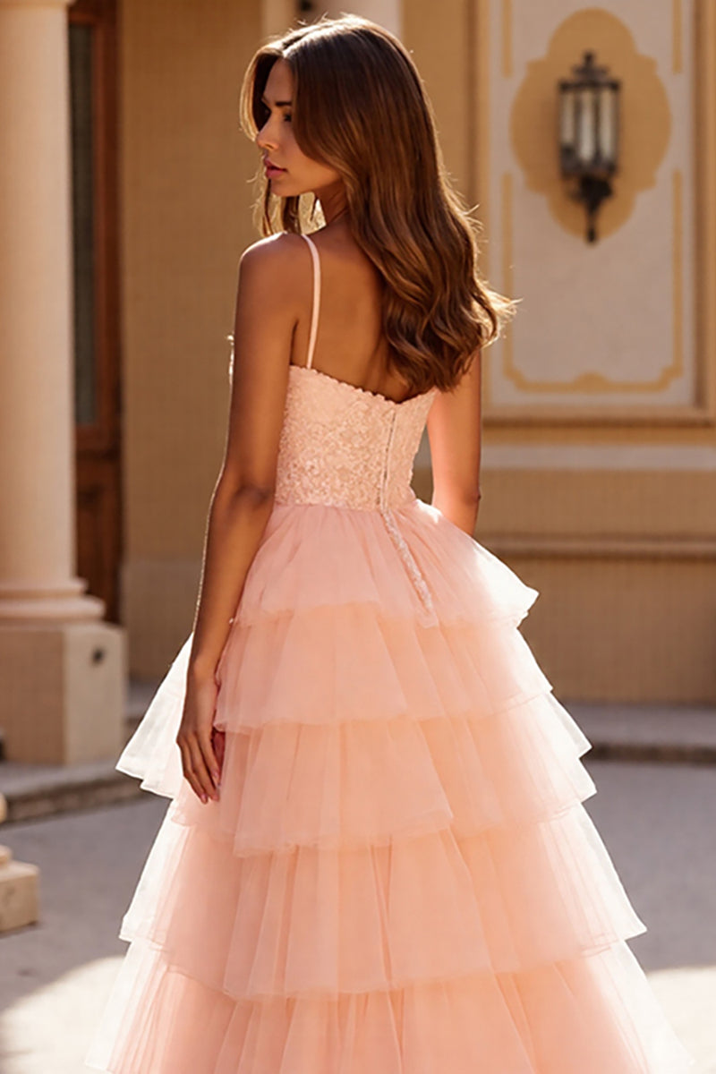 Load image into Gallery viewer, Blush A Line Tulle Tiered Long Corset Prom Dress with Appliques