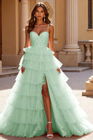 Load image into Gallery viewer, Blush A Line Tulle Tiered Long Corset Prom Dress with Appliques