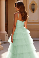 Load image into Gallery viewer, Blush A Line Tulle Tiered Long Corset Prom Dress with Appliques