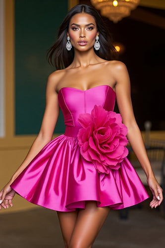 Fuchsia Satin A Line Short Homecoming Dress with 3D Flowers