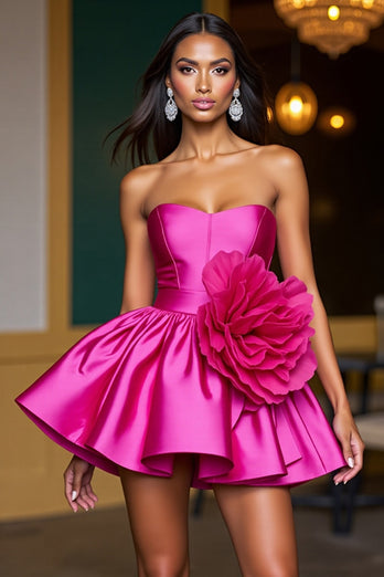 Fuchsia Satin A Line Short Homecoming Dress with 3D Flowers
