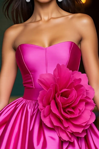 Fuchsia Satin A Line Short Homecoming Dress with 3D Flowers