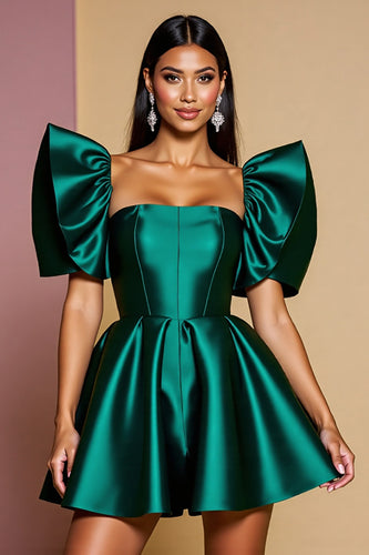 Dark Green A Line Short Satin Homecoming Dress with Ruffles