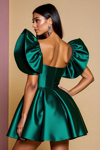 Dark Green A Line Short Satin Homecoming Dress with Ruffles
