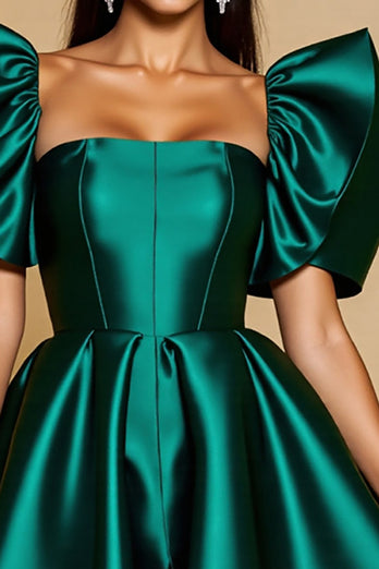 Dark Green A Line Short Satin Homecoming Dress with Ruffles