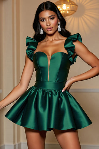 Dark Green Satin Ruffled A Line Short Homecoming Dress