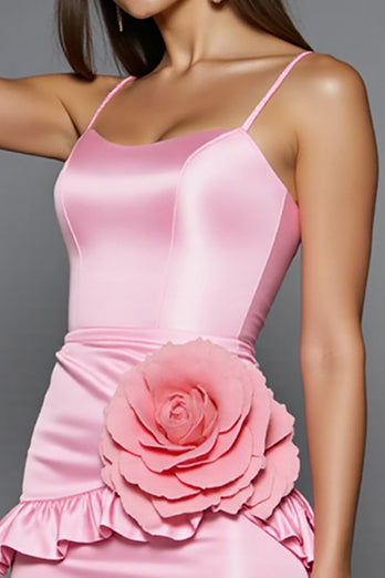 Pink Bodycon Satin Short Homecoming Dress with 3D Flowers