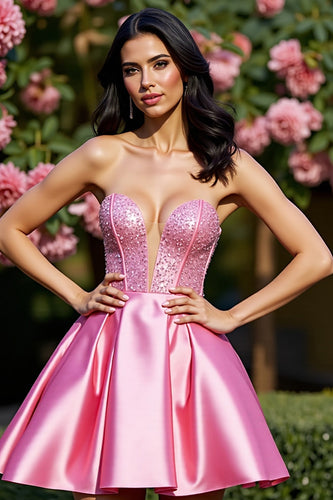 Sparkly Pink A Line Satin Short Corset Homecoming Dress with Beading