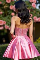 Load image into Gallery viewer, Sparkly Pink A Line Satin Short Corset Homecoming Dress with Beading