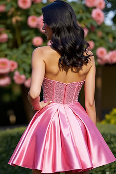 Sparkly Pink A Line Satin Short Corset Homecoming Dress with Beading