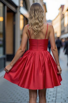 Red A Line Short Satin Homecoming Dress with 3D Flowers