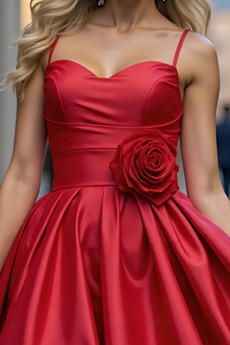 Load image into Gallery viewer, Red A Line Short Satin Homecoming Dress with 3D Flowers