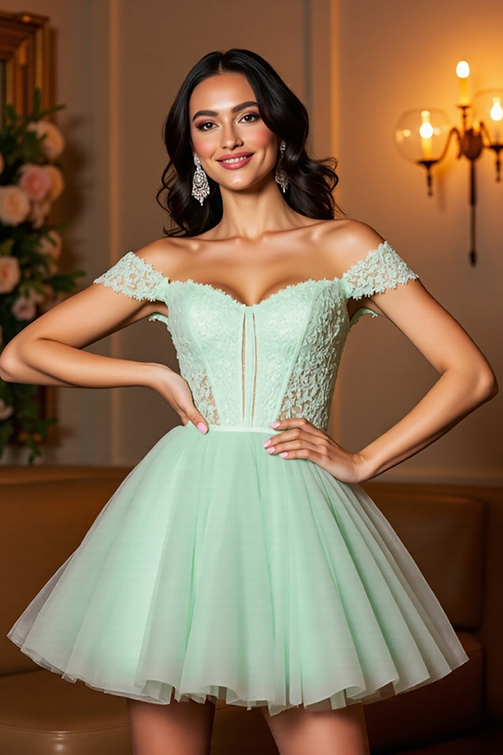 Light Green Corset A Line Short Tulle Homecoming Dress