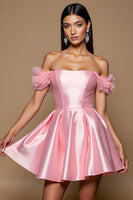 Load image into Gallery viewer, Pink Satin A Line Short Homecoming Dress with Ruffles