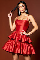 Load image into Gallery viewer, Red A Line Tiered Short Satin Homecoming Dress