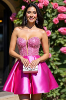 Load image into Gallery viewer, Sparkly Fuchsia A Line Corset Short Satin Homecoming Dress with Beading