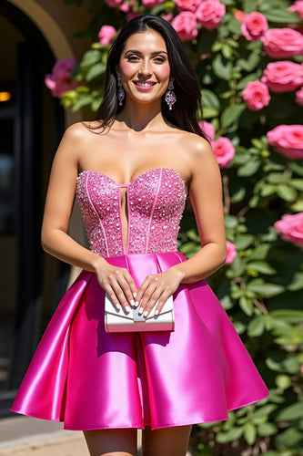 Sparkly Fuchsia A Line Corset Short Satin Homecoming Dress with Beading