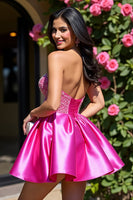 Load image into Gallery viewer, Sparkly Fuchsia A Line Corset Short Satin Homecoming Dress with Beading