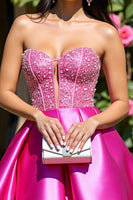 Load image into Gallery viewer, Sparkly Fuchsia A Line Corset Short Satin Homecoming Dress with Beading