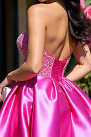 Load image into Gallery viewer, Sparkly Fuchsia A Line Corset Short Satin Homecoming Dress with Beading