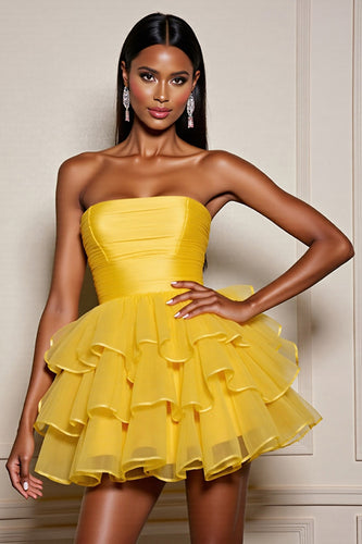 Yellow A Line Tulle Strapless Tiered Short Homecoming Dress