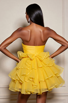 Yellow A Line Tulle Strapless Tiered Short Homecoming Dress