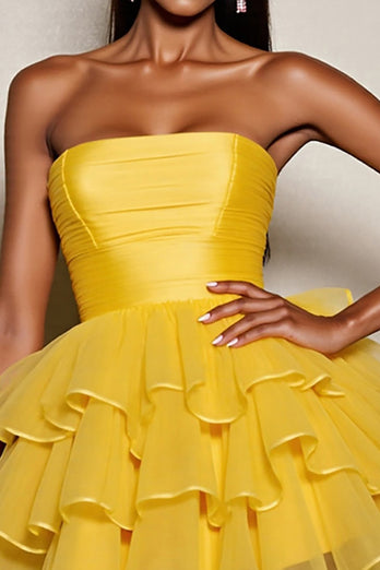 Yellow A Line Tulle Strapless Tiered Short Homecoming Dress