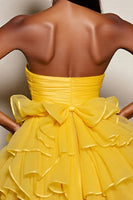 Load image into Gallery viewer, Yellow A Line Tulle Strapless Tiered Short Homecoming Dress