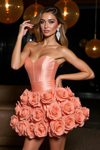 Orange Satin A Line Short Homecoming Dress with 3D Flowers