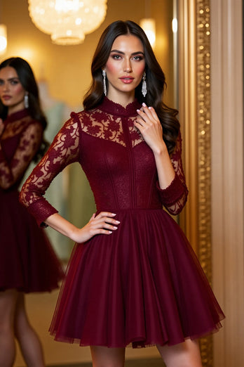 Burgundy A Line Tulle Short Corset Homecoming Dress with Lace