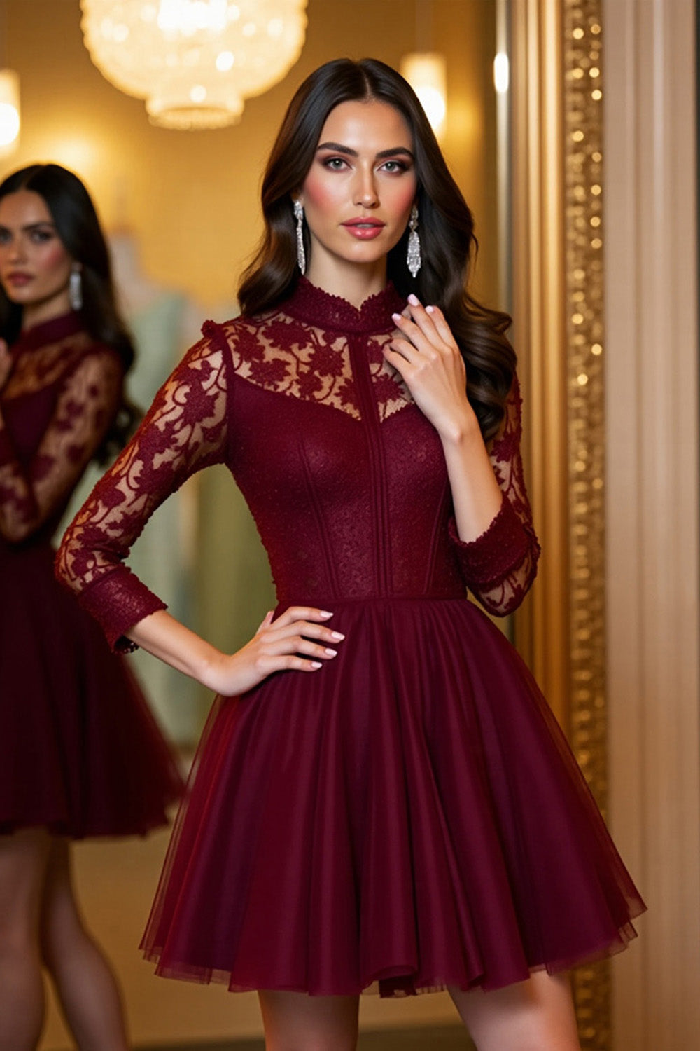 Burgundy A Line Tulle Short Corset Homecoming Dress with Lace