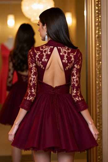 Burgundy A Line Tulle Short Corset Homecoming Dress with Lace