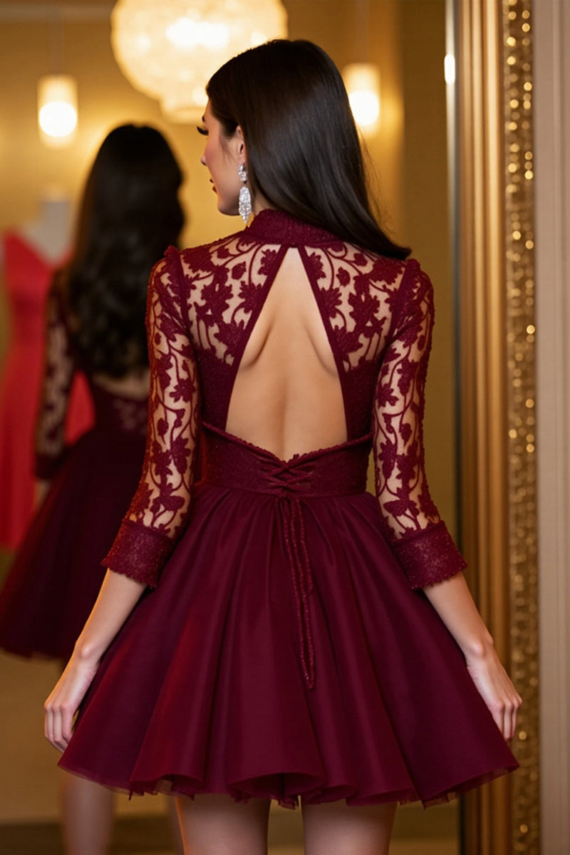 Load image into Gallery viewer, Burgundy A Line Tulle Short Corset Homecoming Dress with Lace