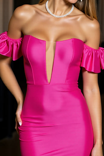 Fuchsia Ruffled Tight Bodycon Short Satin Homecoming Dress